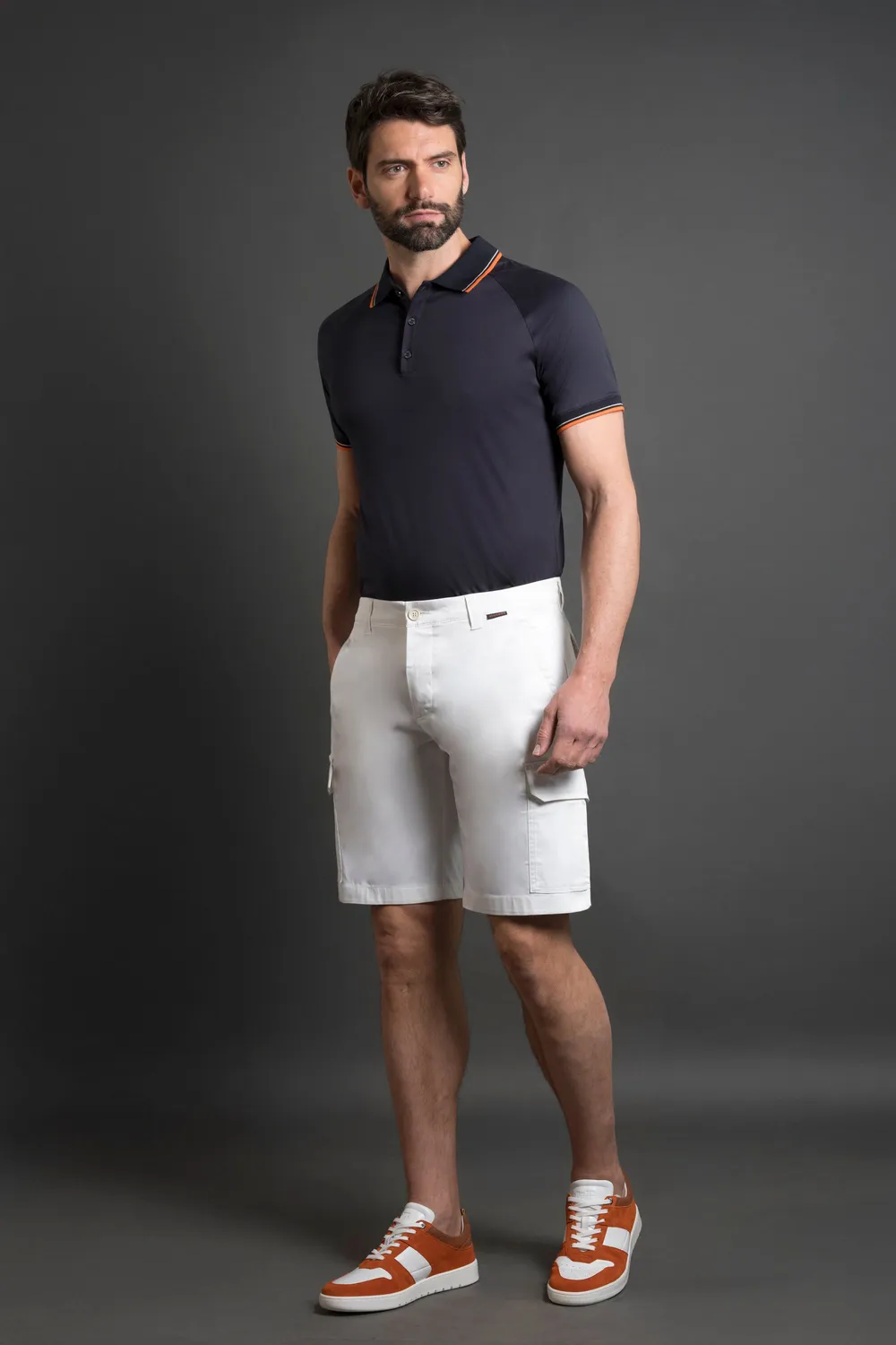 Moorer CYPRESS-4TC poloskjorte hvit/navy i stretchbomull