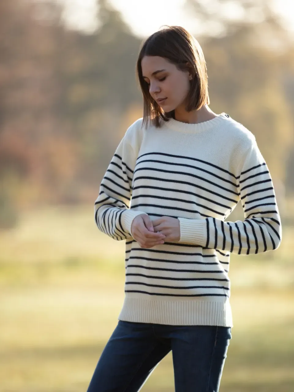 John Partridge Breton Stripe Sweatshirt genser natur/marine 2XL bomull