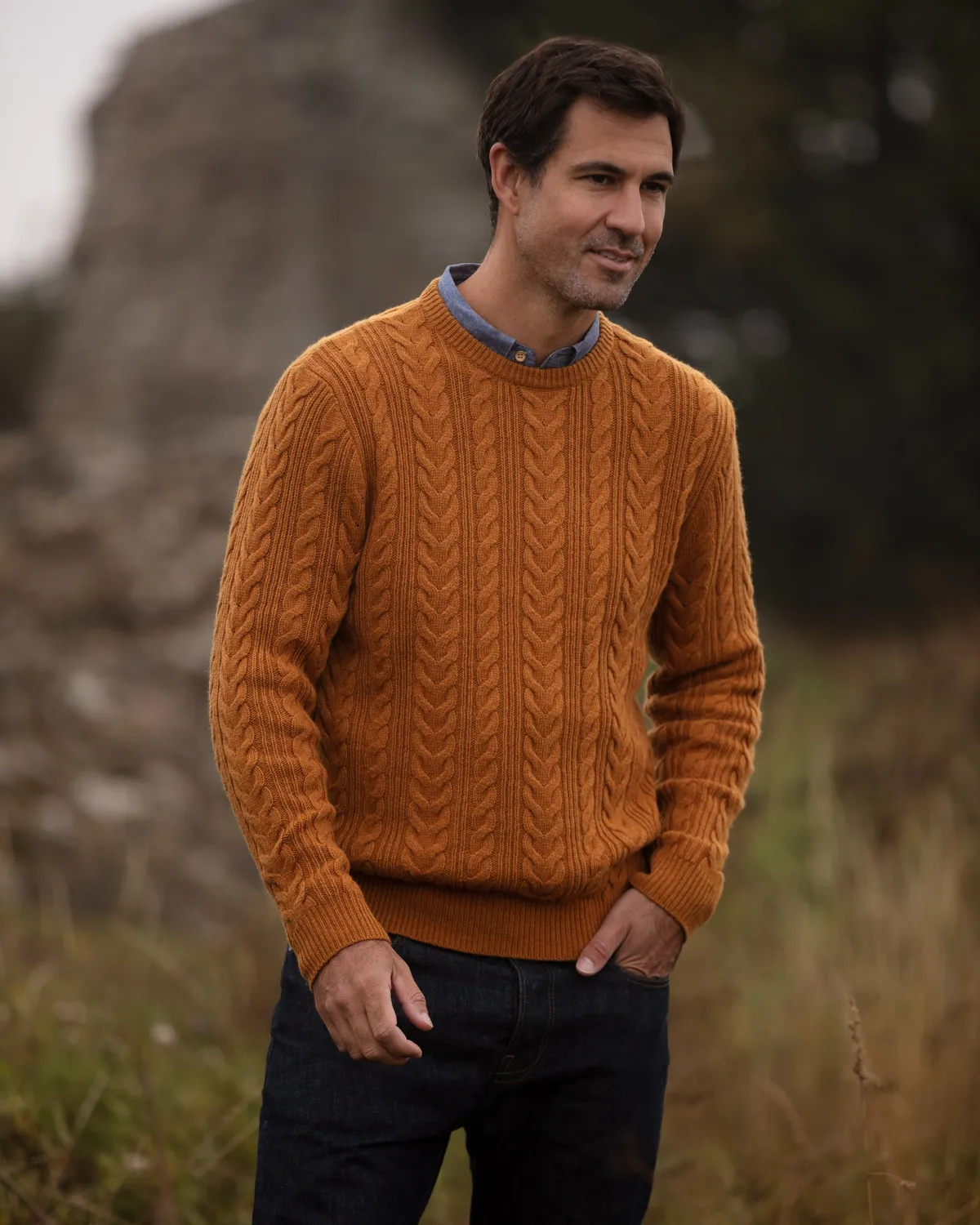 John Partridge Herringbone Crew Neck Jumper genser Mustard – lammeullblanding