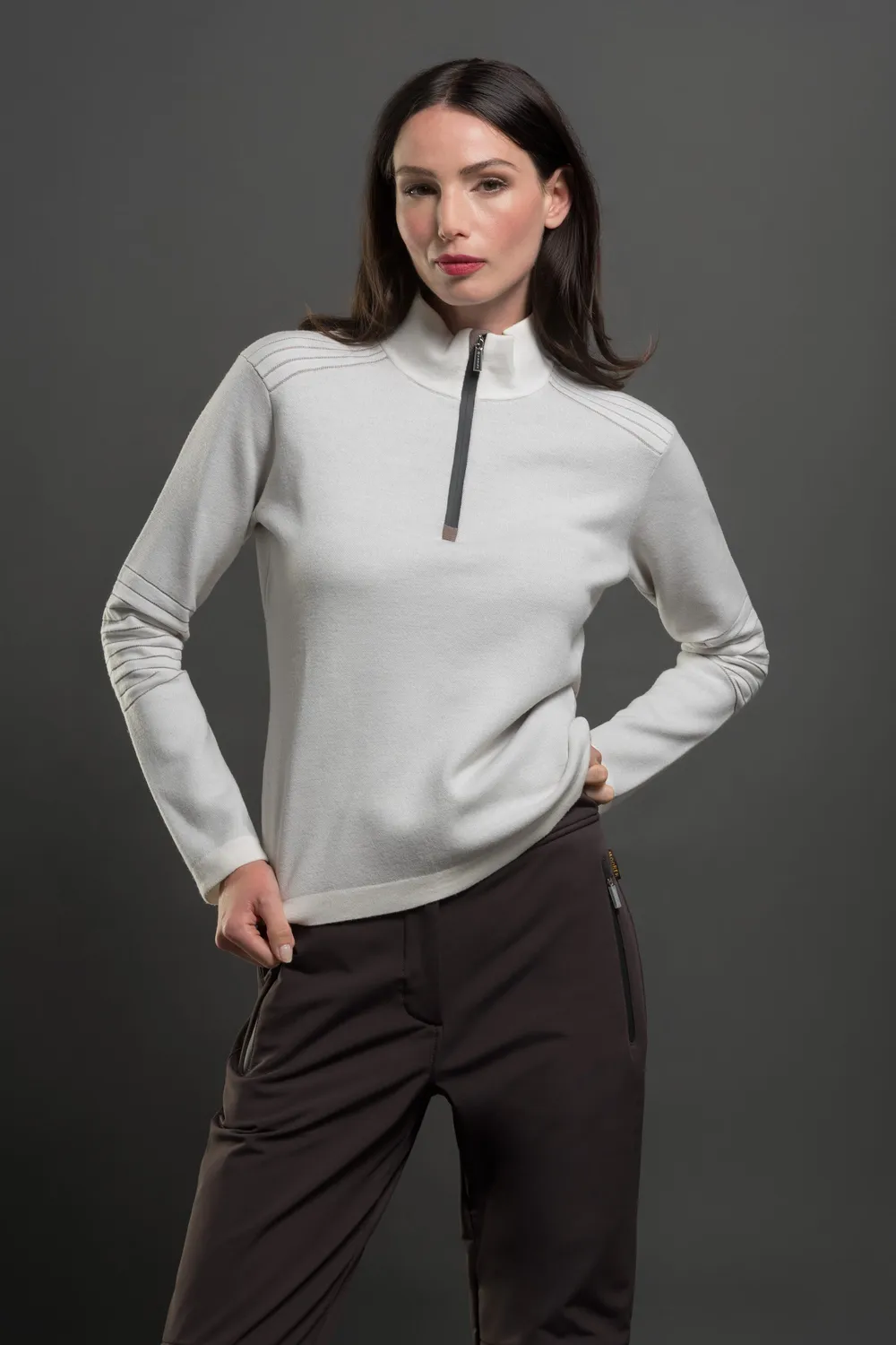 Moorer STRIA-W-ET ullgenser halv glidelås Bianco/Taupe, merinoull