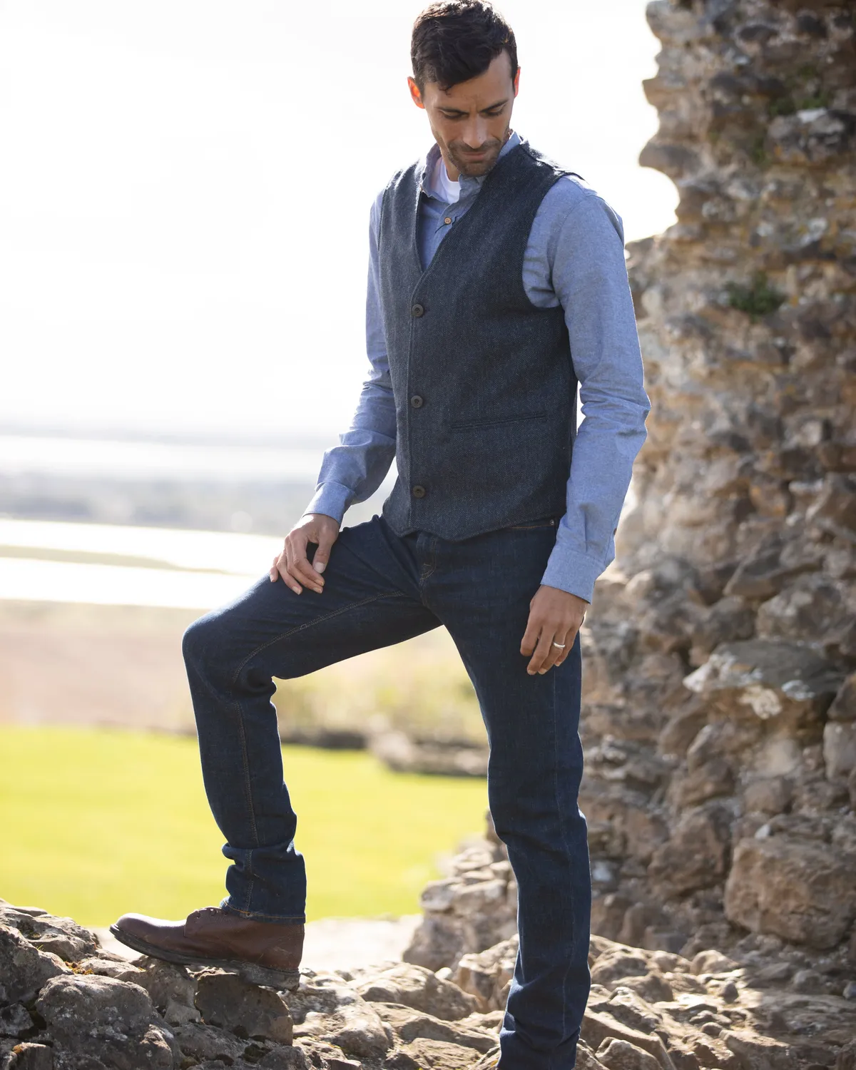 John Partridge Stafford Tweed Waistcoat tweedvest XS marineblå ull