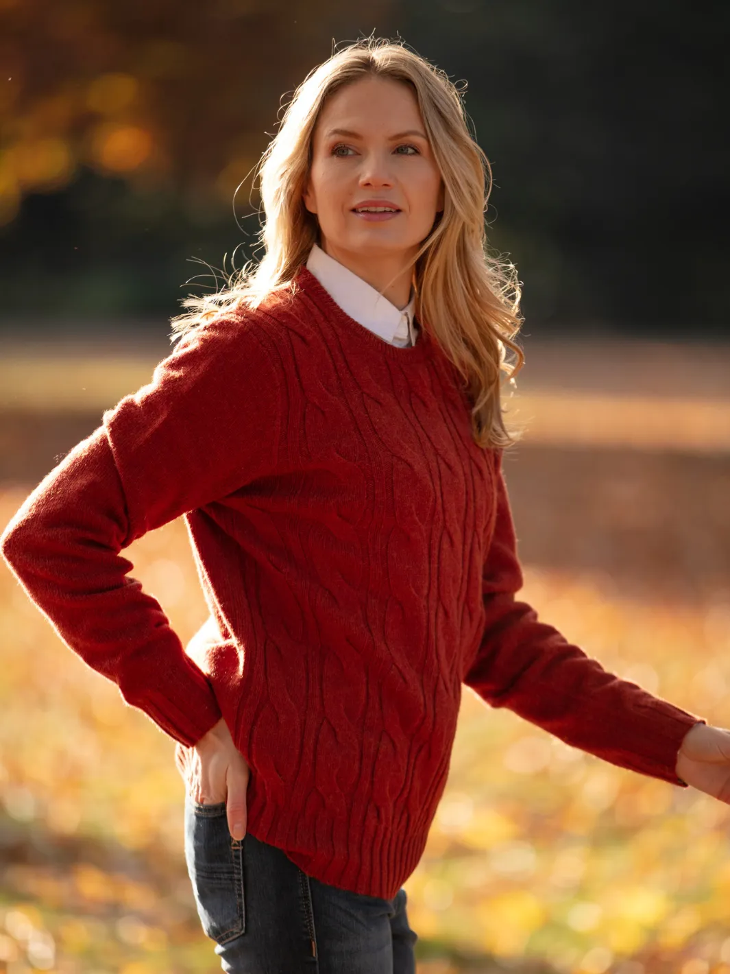 John Partridge Cable Knit Jumper kabelgenser Rust lammeullblanding