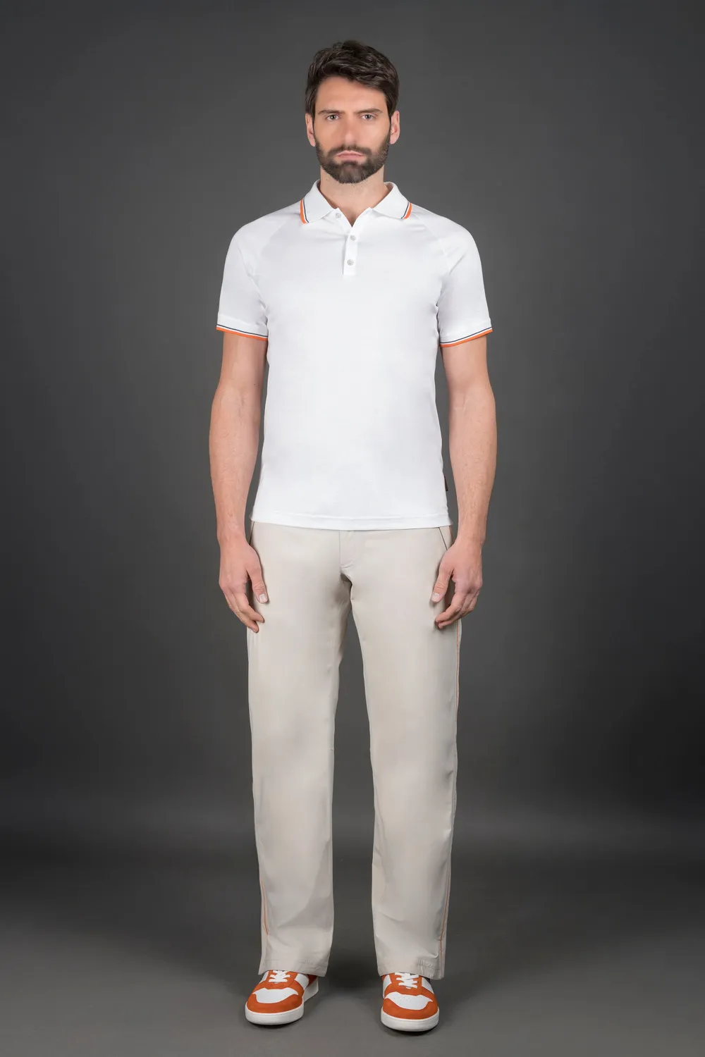 Moorer CYPRESS-4TC poloskjorte hvit/navy i stretchbomull