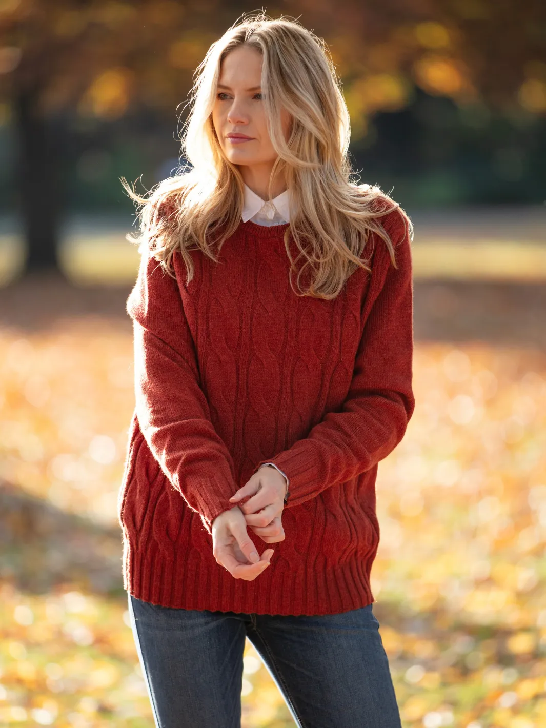John Partridge Cable Knit Jumper kabelgenser Rust lammeullblanding