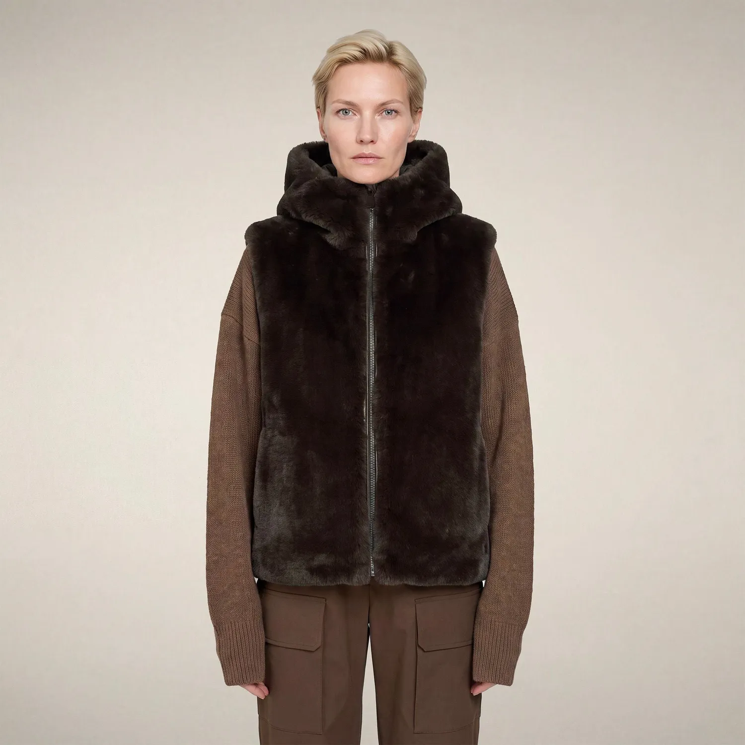 Save The Duck Fashion Cassandra fuskepelsvest dame jordbrun hette