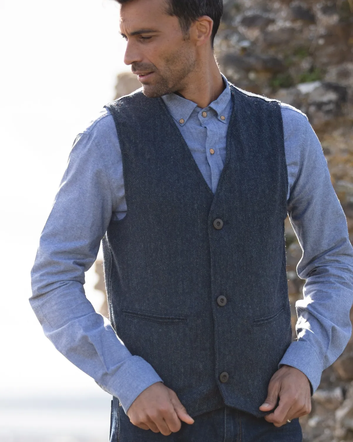 John Partridge Stafford Tweed Waistcoat tweedvest XS marineblå ull