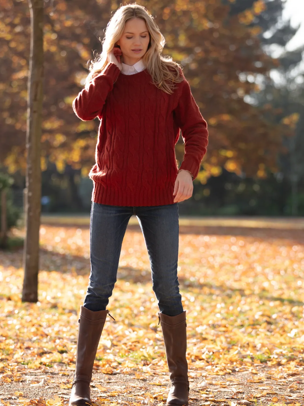 John Partridge Cable Knit Jumper kabelgenser Rust lammeullblanding