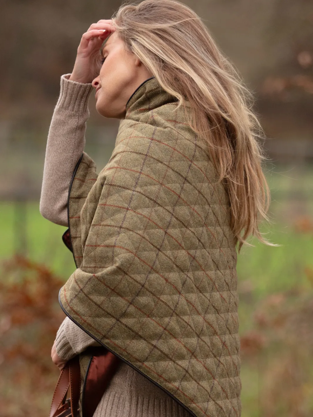 John Partridge Tweed Shawl sjal grønn brun rute one size