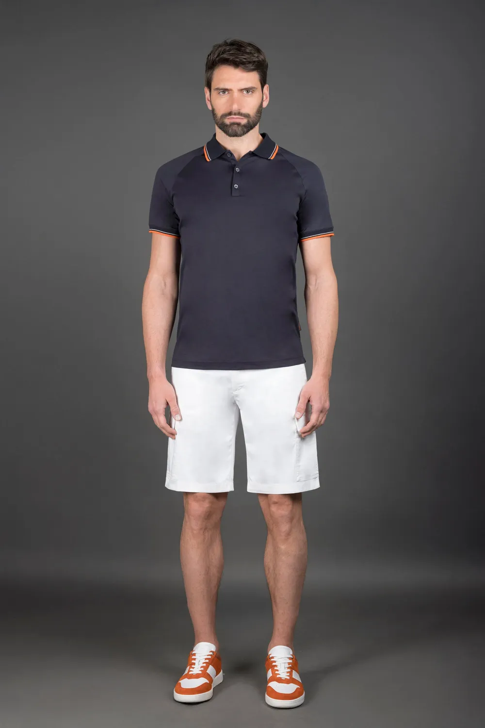 Moorer CYPRESS-4TC poloskjorte hvit/navy i stretchbomull