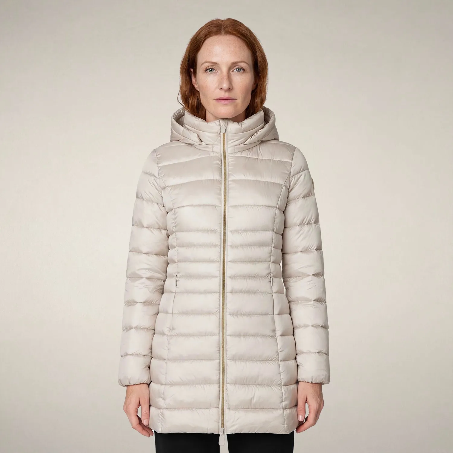 Save The Duck Reese kåpe dame Rainy Beige lang med hette