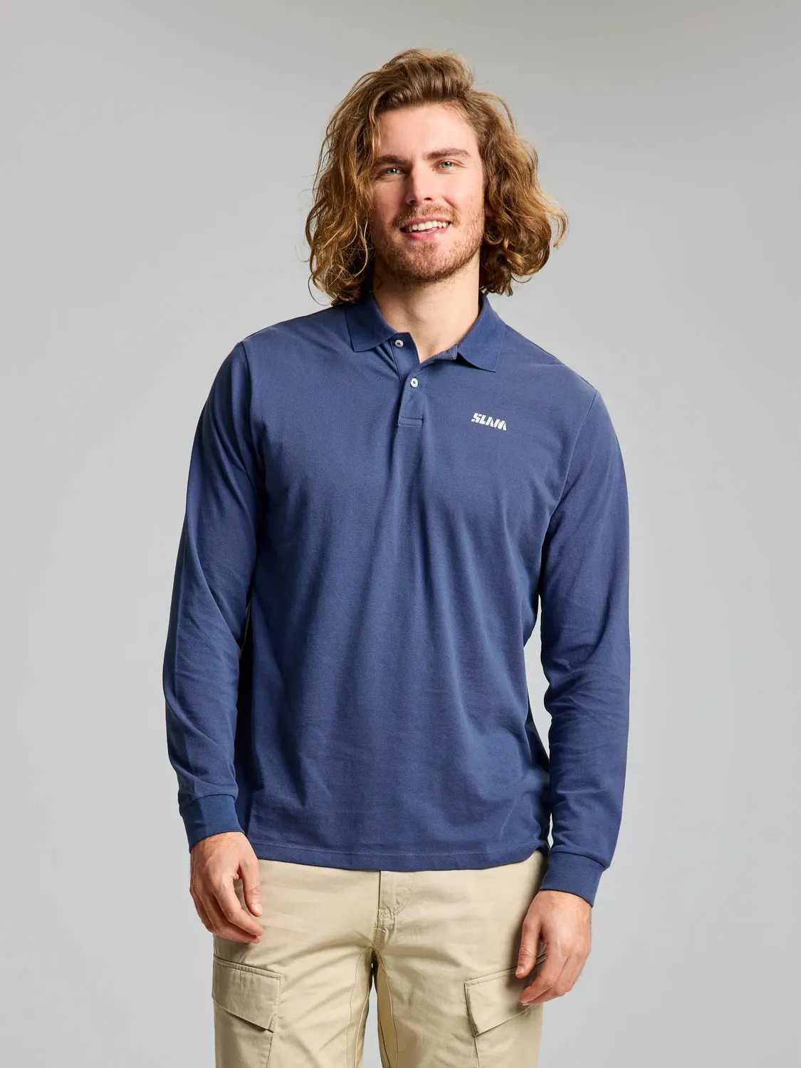 Slam Deck Polo LS langermet poloskjorte herre XS Glacier Grey bomullspiqué