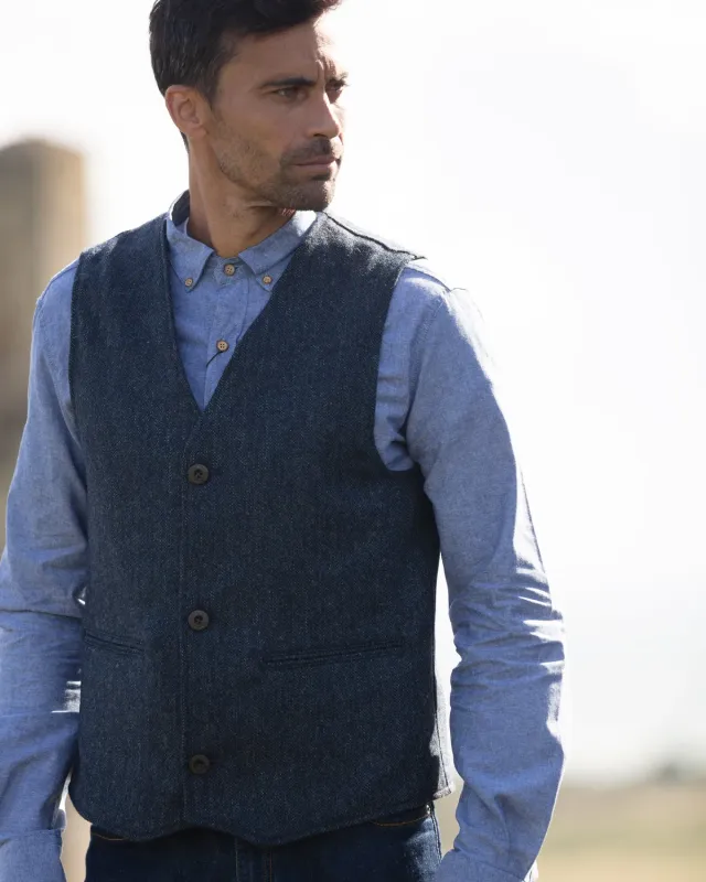 John Partridge Stafford Tweed Waistcoat tweedvest XS marineblå ull