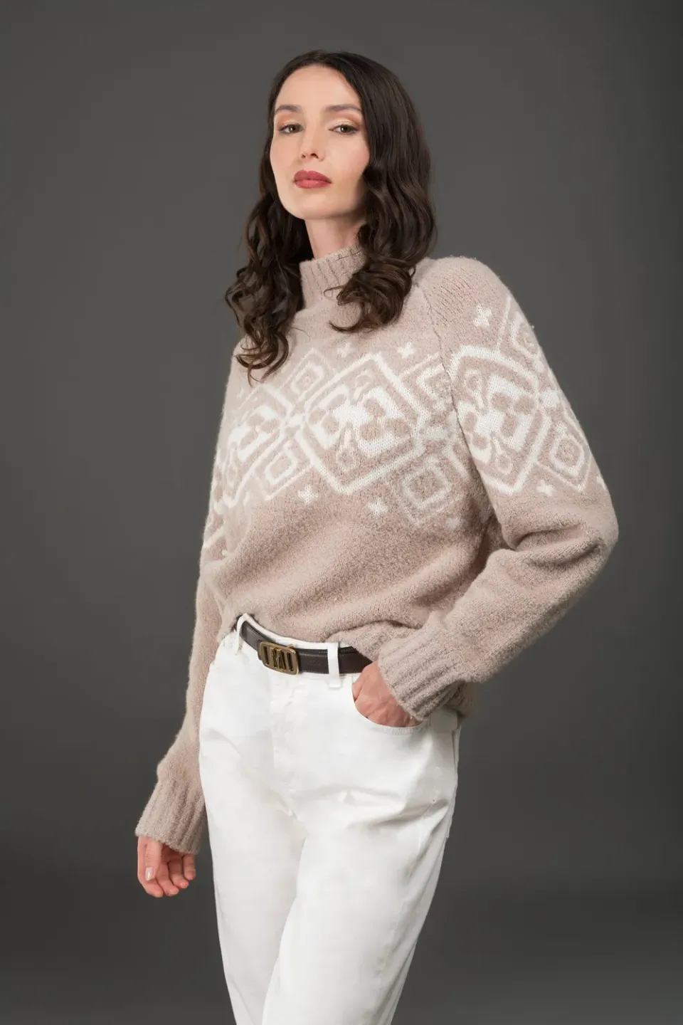 Moo rer JOLINE-Q-GS5 høyhalset genser mandel/hvit ull cashmere