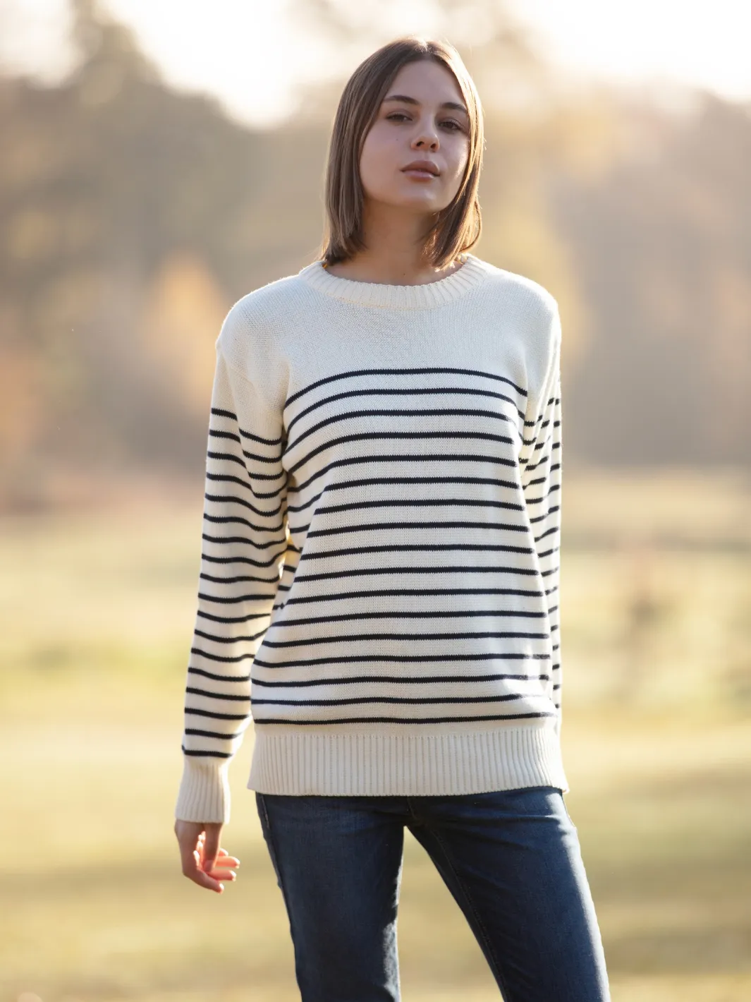 John Partridge Breton Stripe Sweatshirt genser natur/marine 2XL bomull